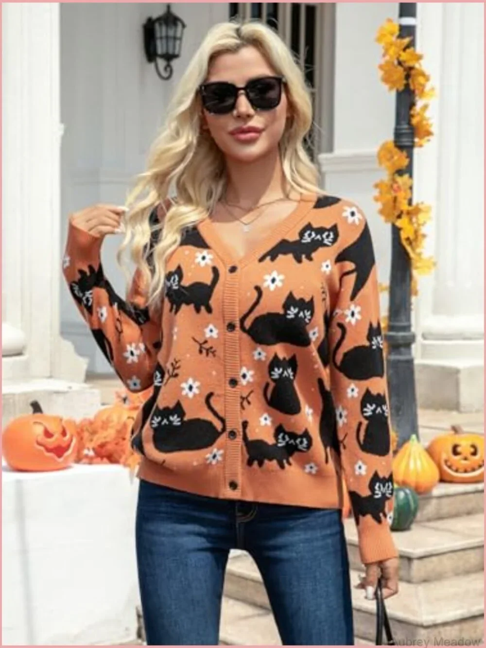 Knit Cat Cardigan Sweater Button Down V Neck Fall Winter Open Front